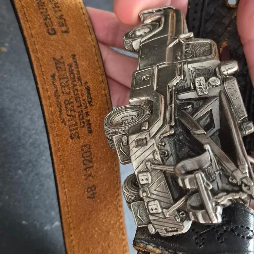 Vintage-american Creek 80' Collection 3D Tow Truck Bukel Silver Men Black Belt